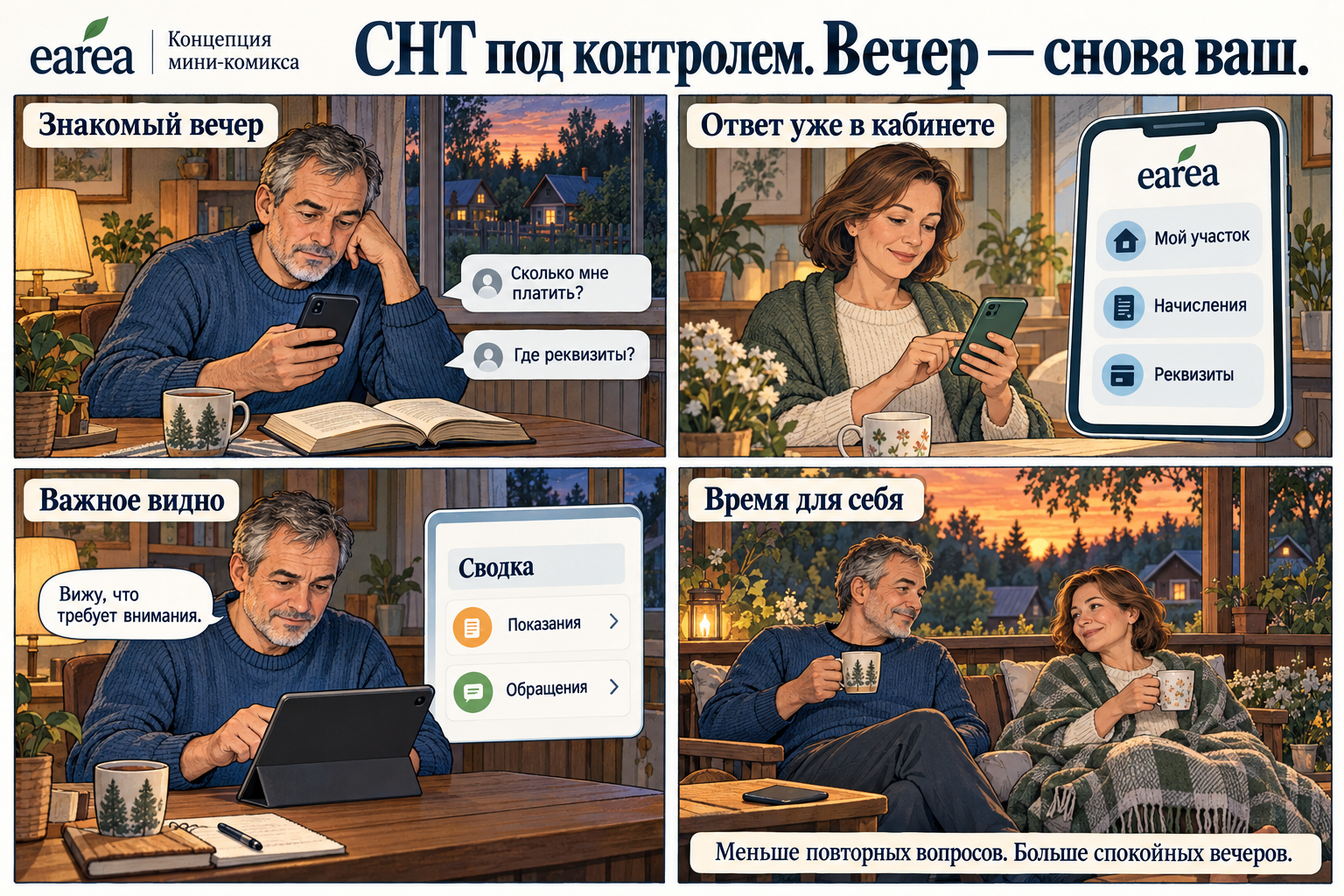 Комикс: вопросы жителей переходят в кабинет, председатель видит важное и находит время для близких.
